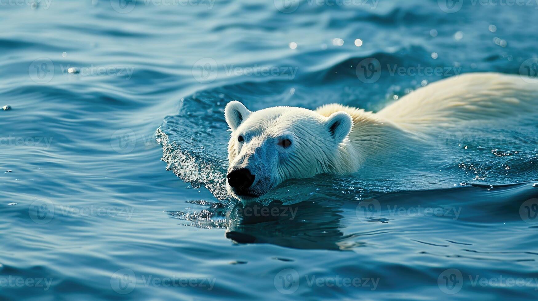 ai generado polar oso nadando en el azul ártico Oceano en un claro soleado día foto