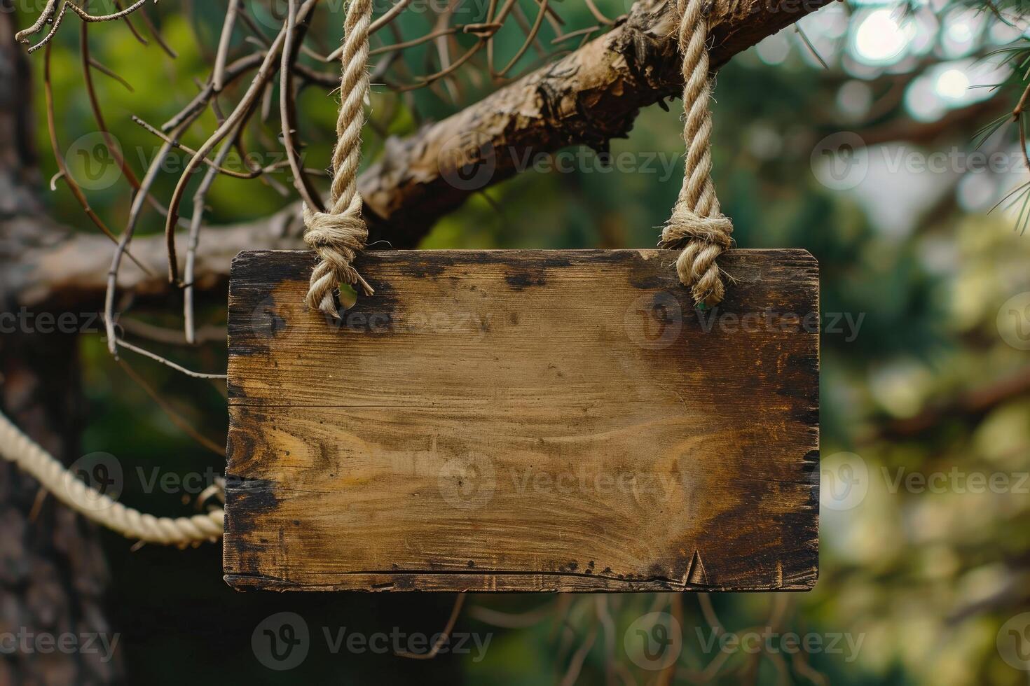 AI generated Empty advertising board on thread outdoors in nature. Wooden blank banner hanging on ropes. Place for text. photo