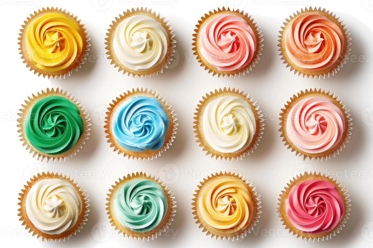 AI generated Top view on set of vanilla cupcakes with colorful buttercream tops isolated on white background. photo