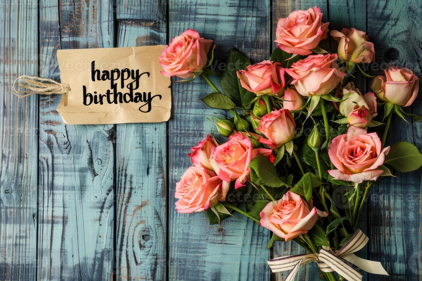 AI generated Happy happy birthday with pink roses over rustic wood background photo
