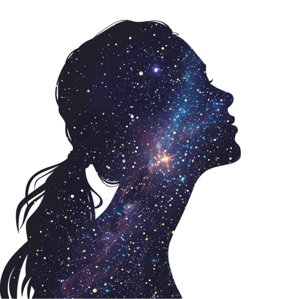 AI generated Women's Day Beauty Silhouette with Starry Sky Overlay Isolated on Transparent Background generative AI png