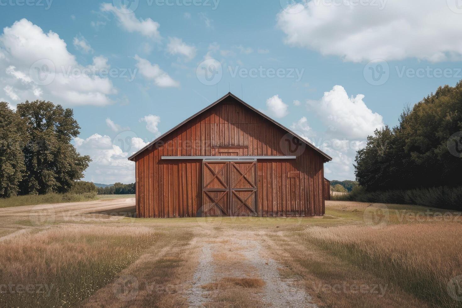 AI generated Brown barn on farm landscape photo