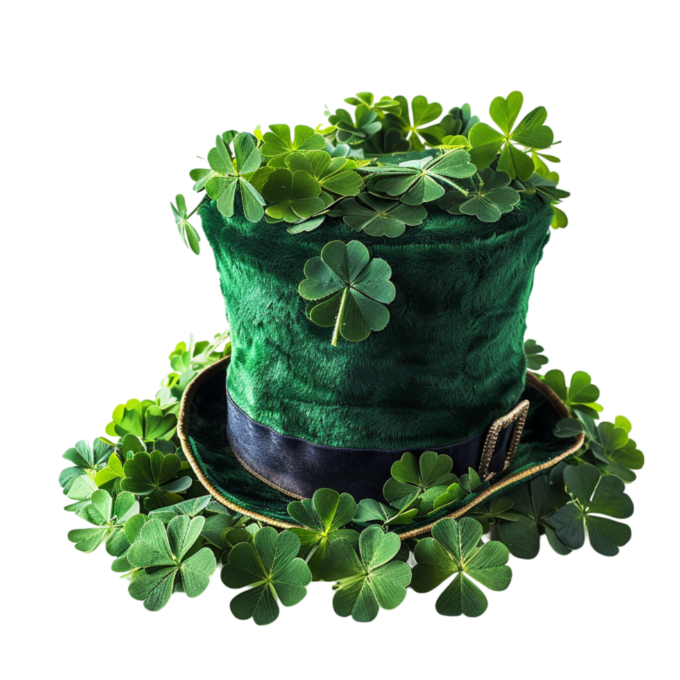 AI generated Leprechaun's Hat and Decorative Clover Leaves isolated on transparent    background generative AI png