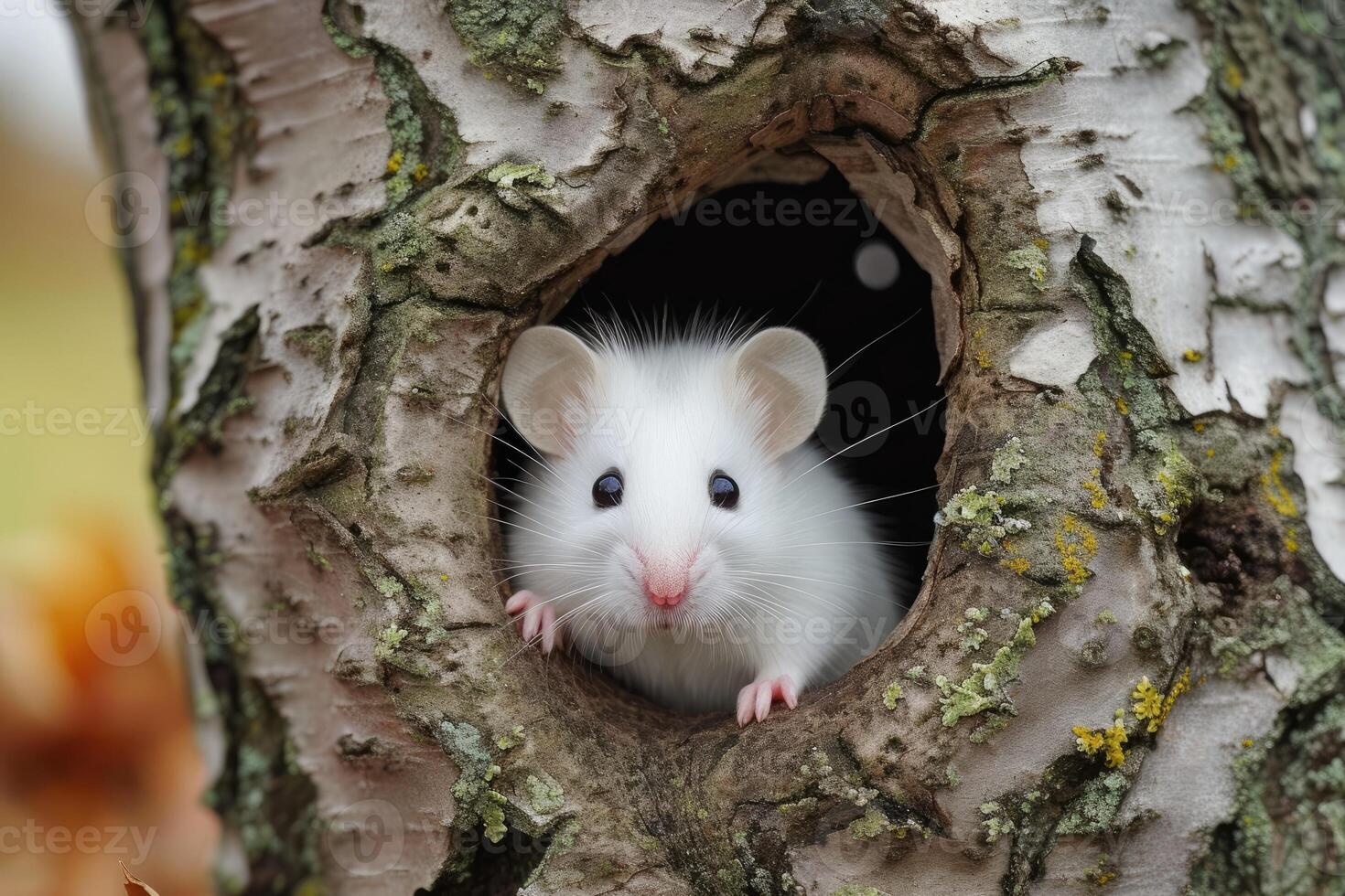 AI generated Cute white mouse in the tree hole. photo