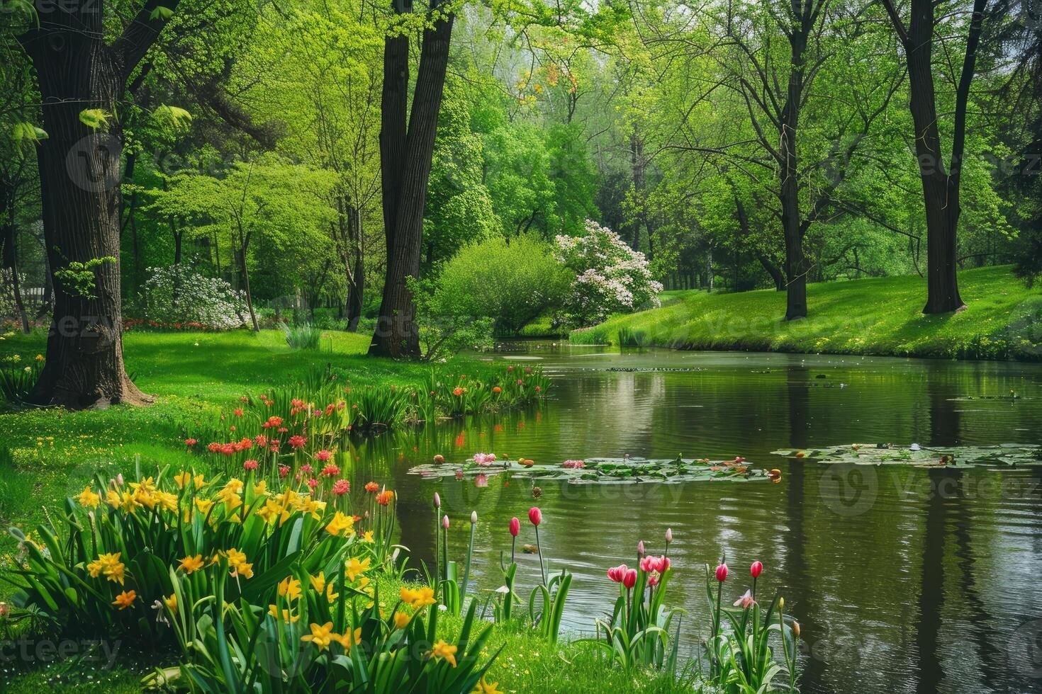 ai generado hermosa paisajismo con hermosa plantas y flores foto