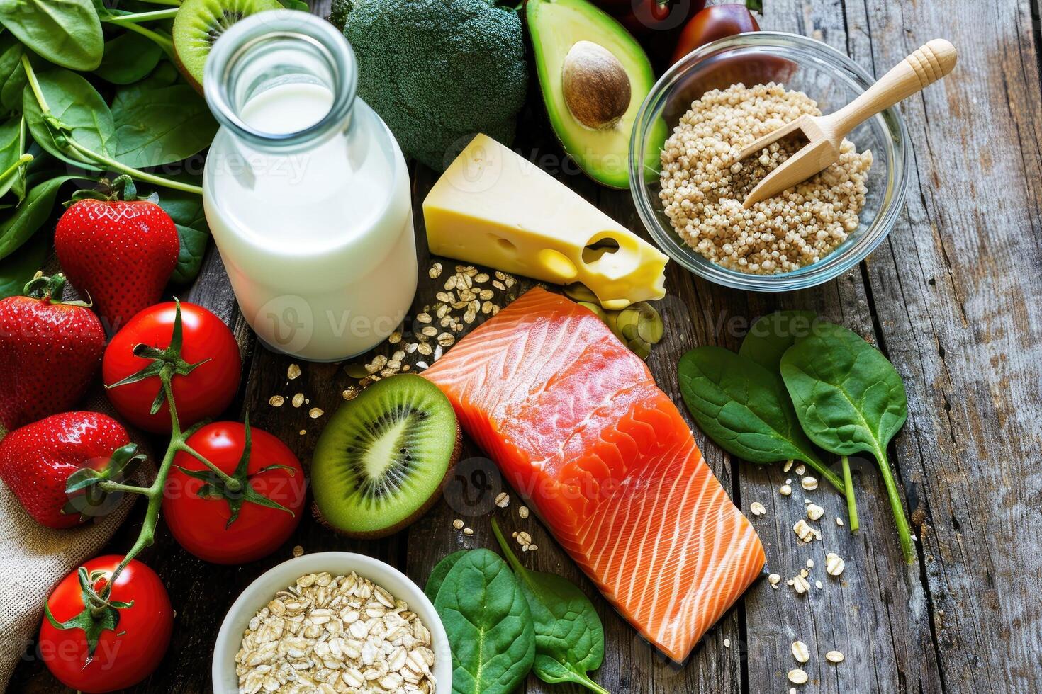 AI generated Variety of healthy foods spread out on a wooden surface. photo