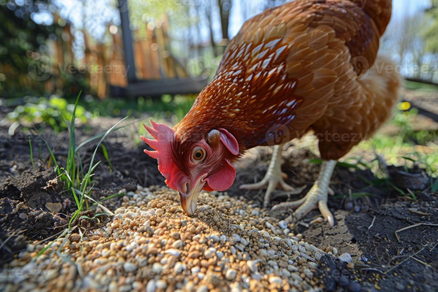 AI generated Chicken eats feed and grain at eco chicken farm photo