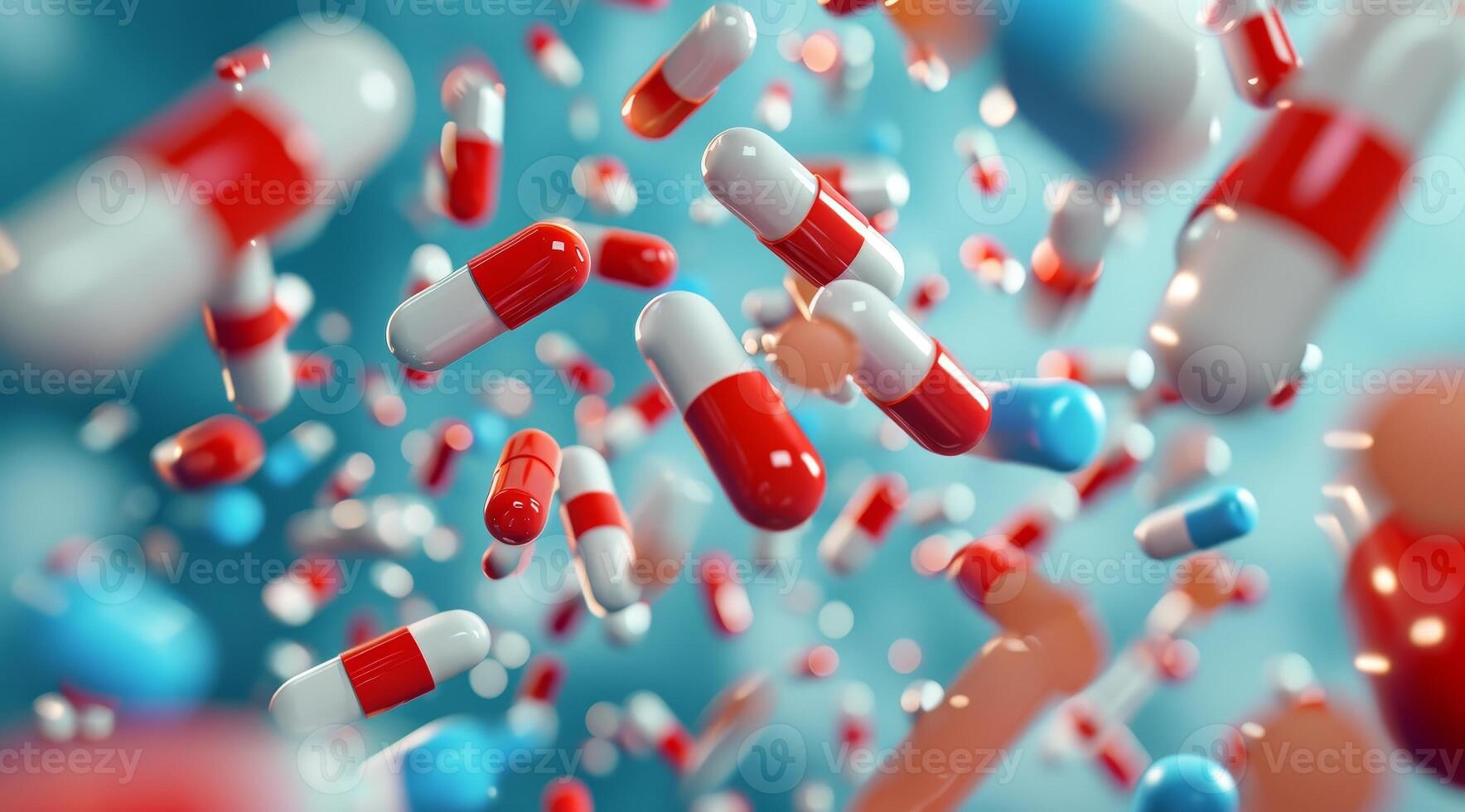 AI generated A group of antibiotic pill capsules falling. photo