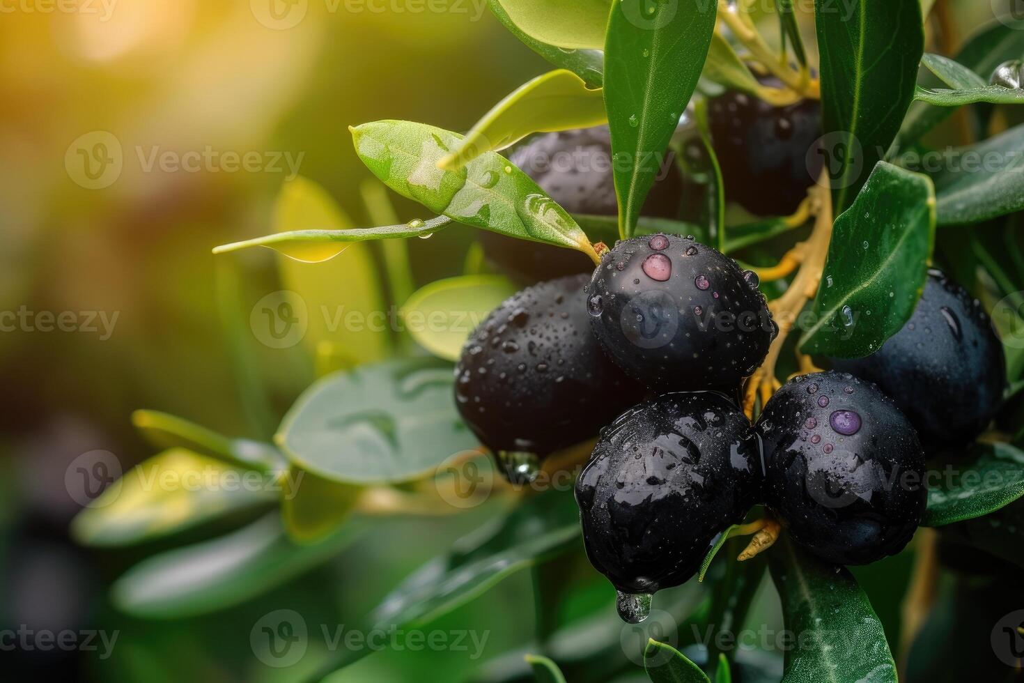 AI generated Ripe black olives on the tree with green leaves and water drops, close up view. photo