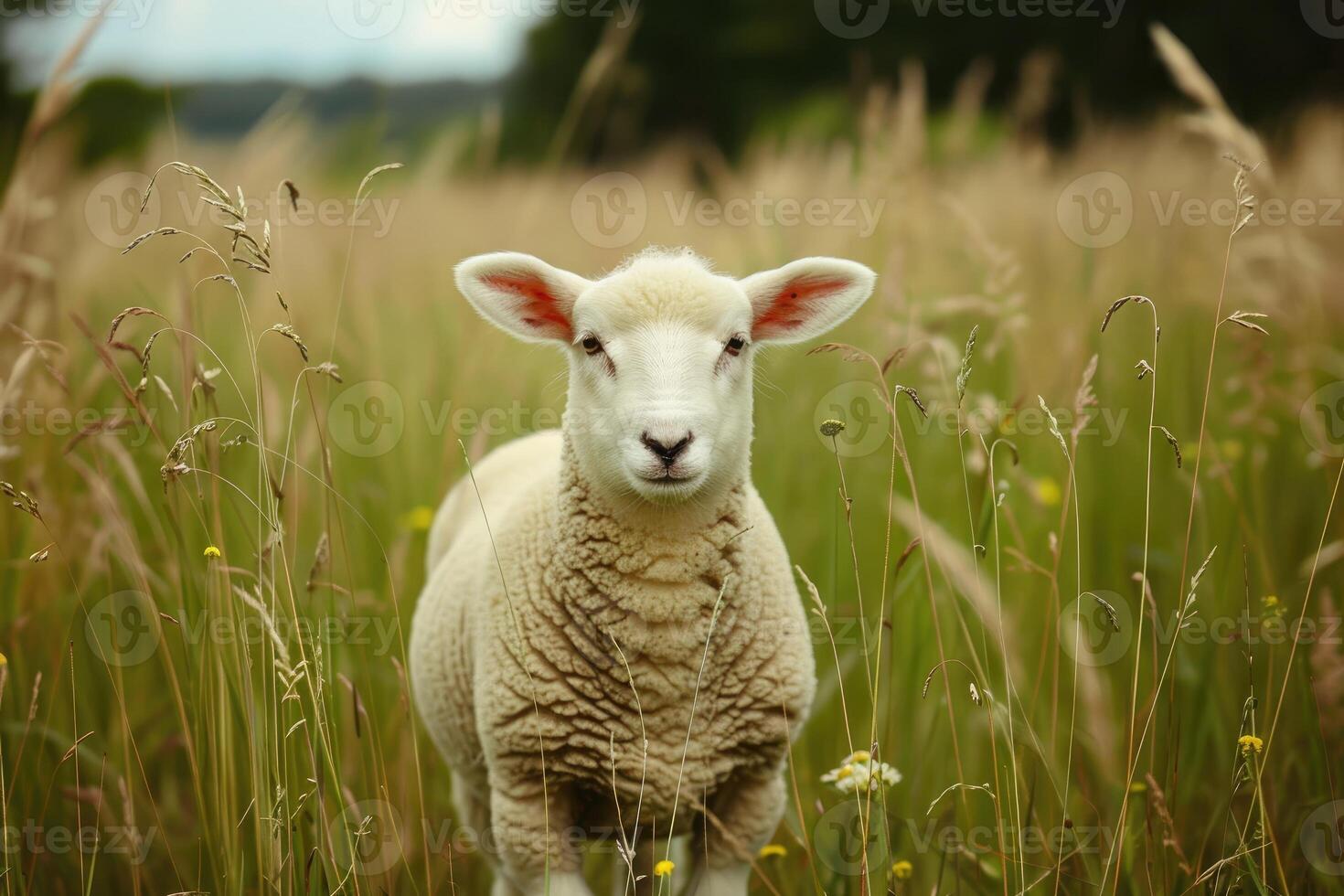 AI generated Mountain sheep grazing on pasture in summer on mountain background photo