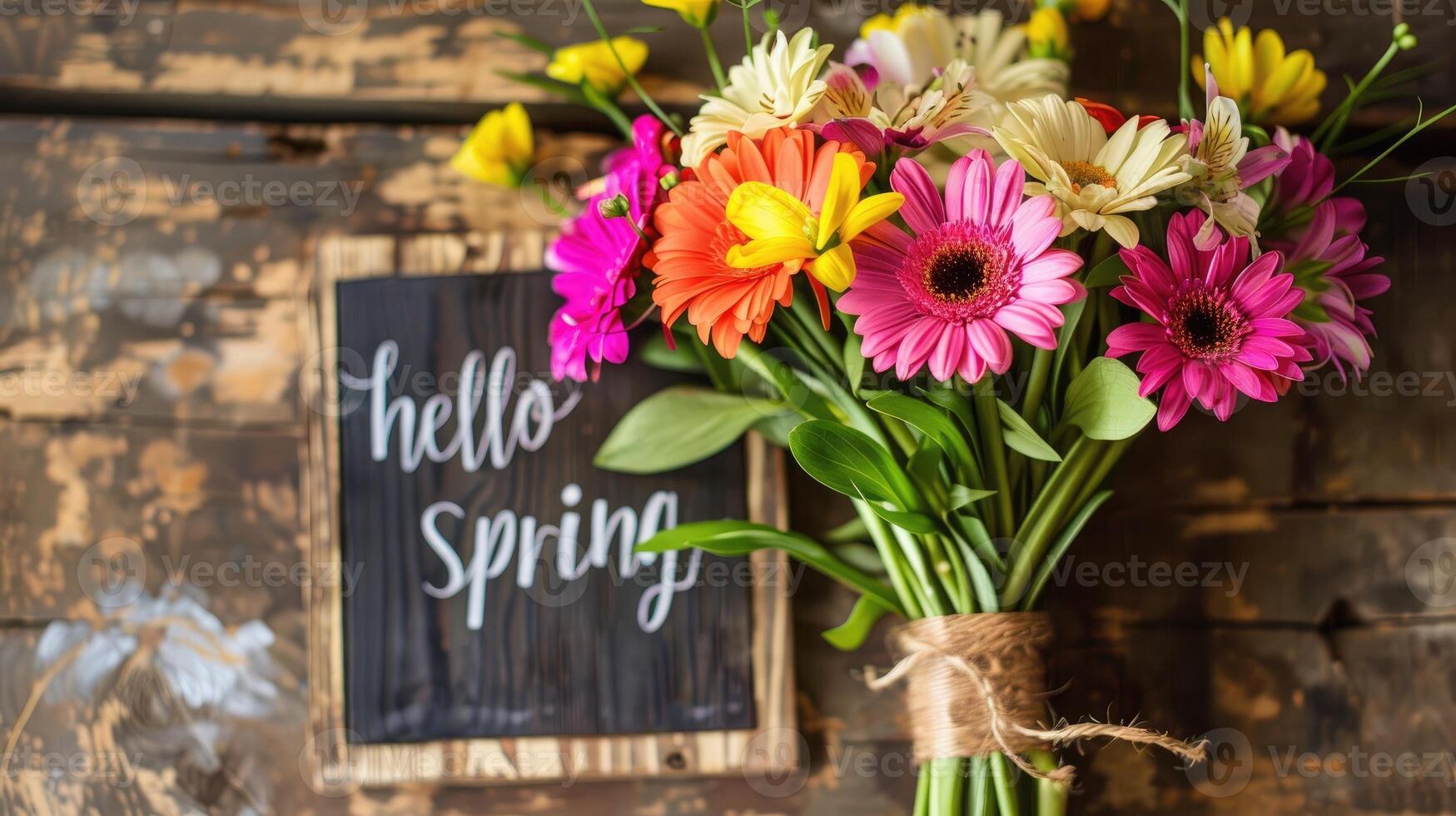 AI generated Our 'Hello Spring' inscription set against a backdrop of vibrant flowers captures the essence of the season. photo