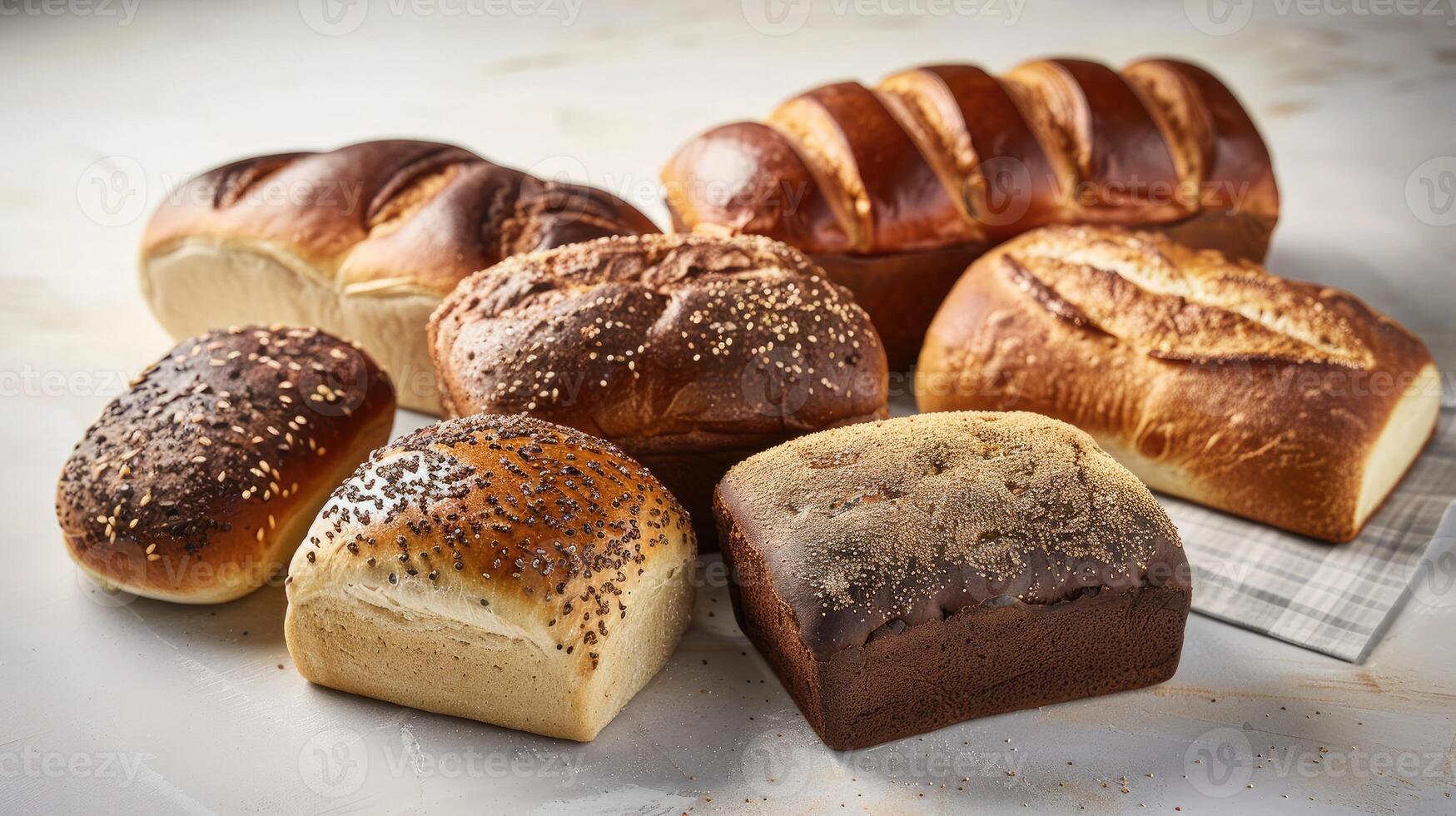 AI generated Assorted bakery products including loaves of bread and rolls. photo
