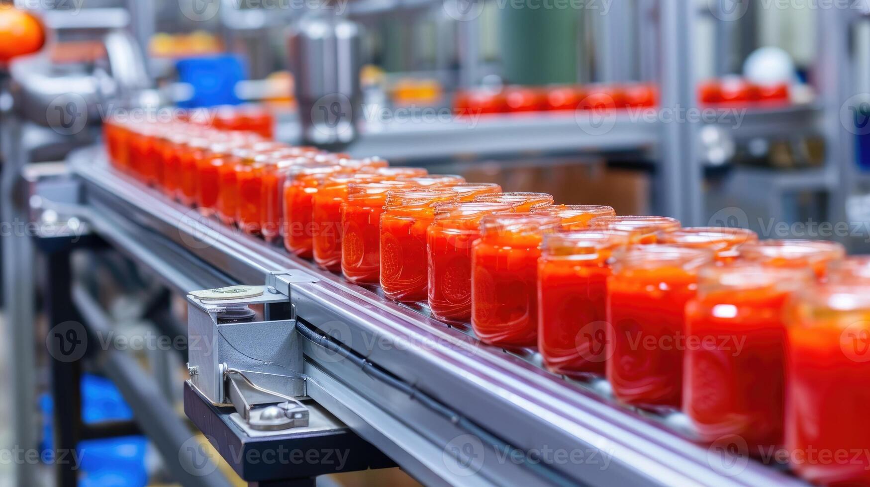 ai generado automatizado transportador línea o cinturón en moderno tomate pegar en vaso frascos planta o fábrica producción. foto