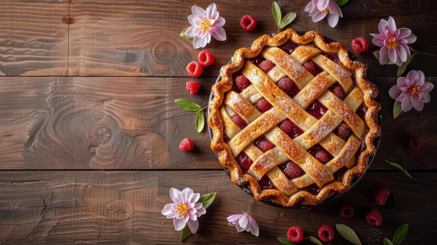 ai generado frambuesa tarta con hojas en mesa foto