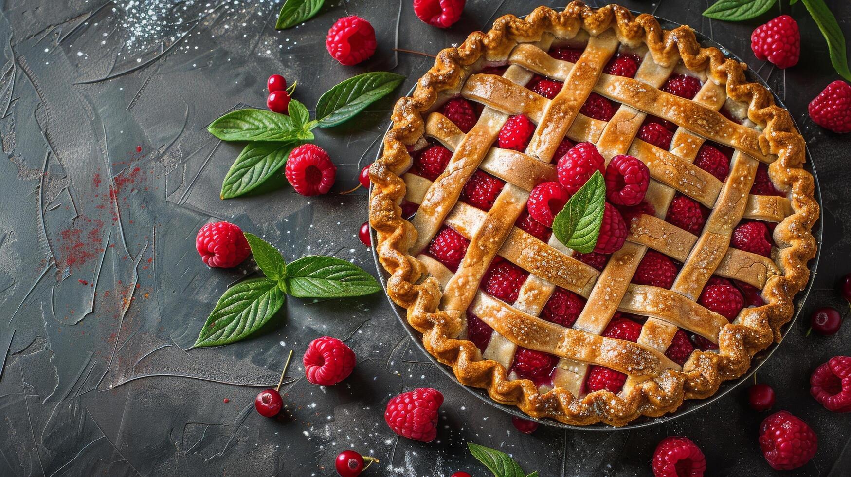 ai generado frambuesa tarta con hojas en mesa foto