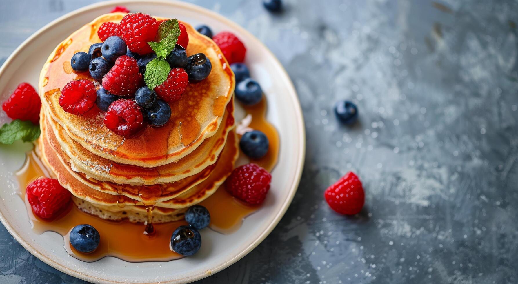 AI generated Delicious Stack of Pancakes With Berries and Syrup photo