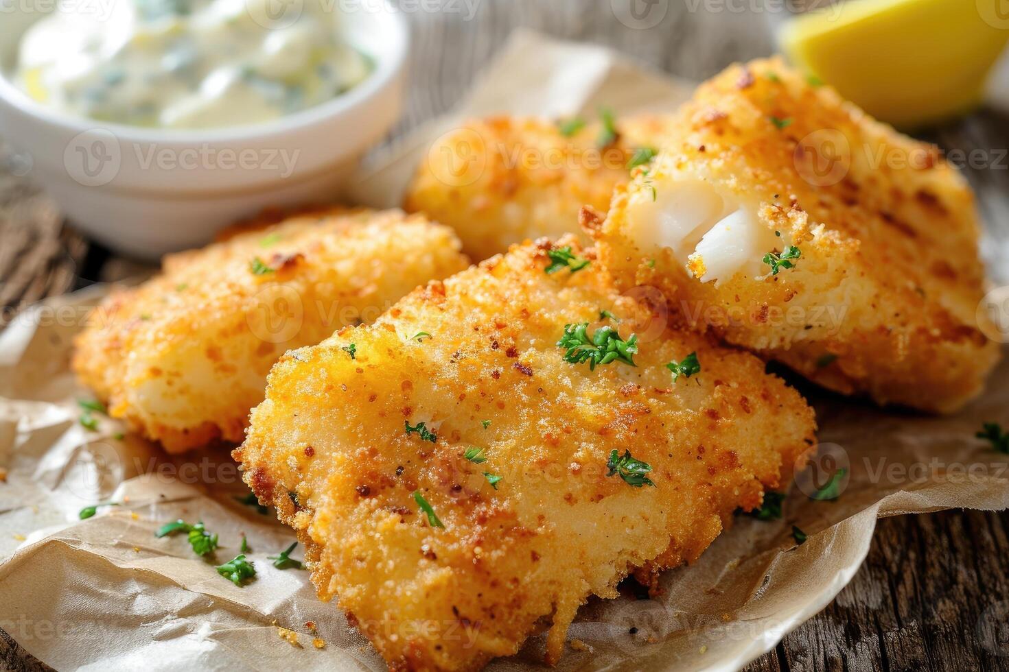 AI generated Breaded and fried fish fingers served with remoulade sauce and lemon photo