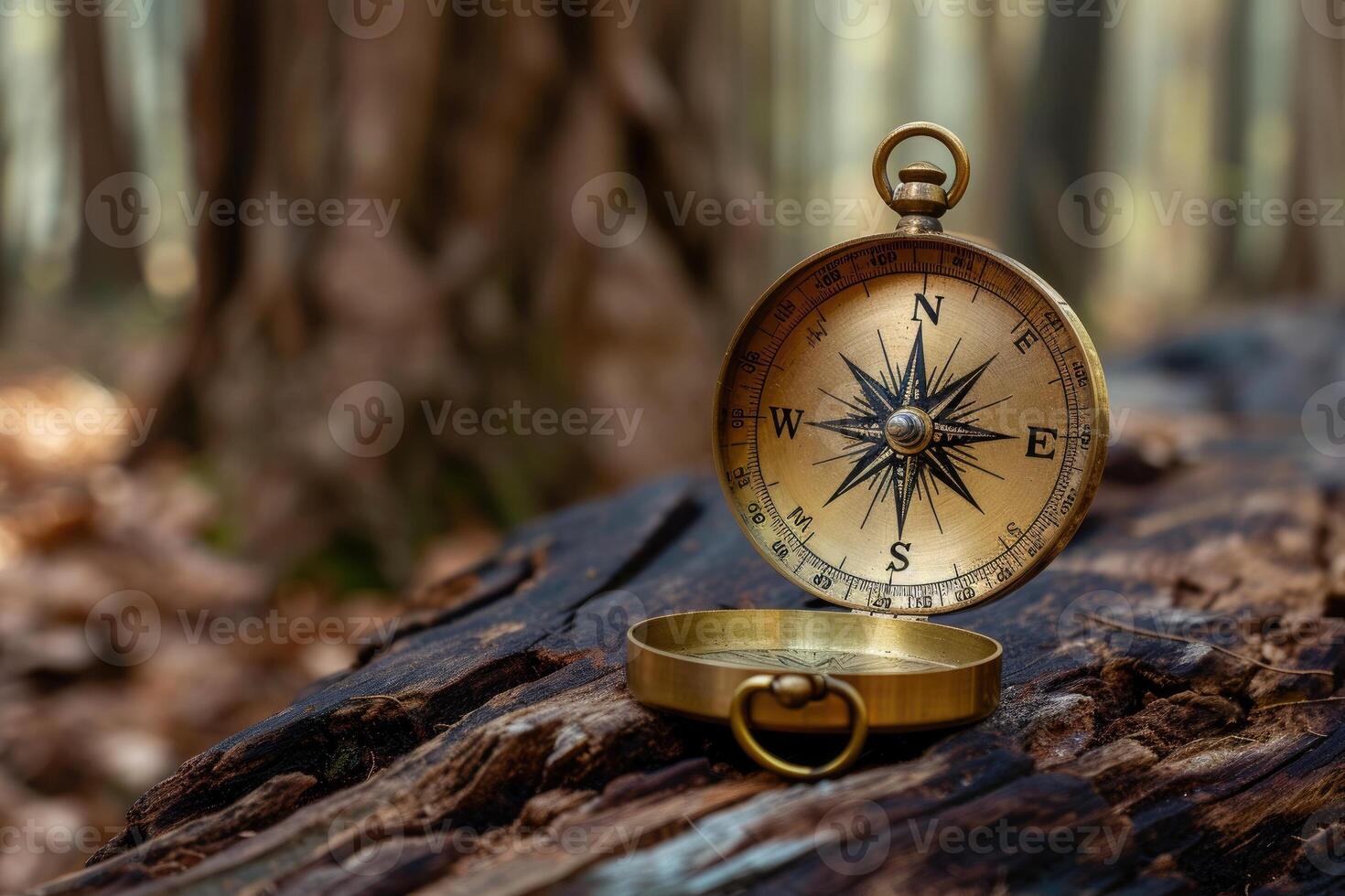 AI generated Vintage compass on the log in forest, warm sun light photo