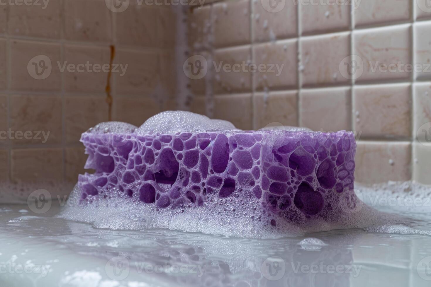AI generated Wet purple sponge in bathroom. photo