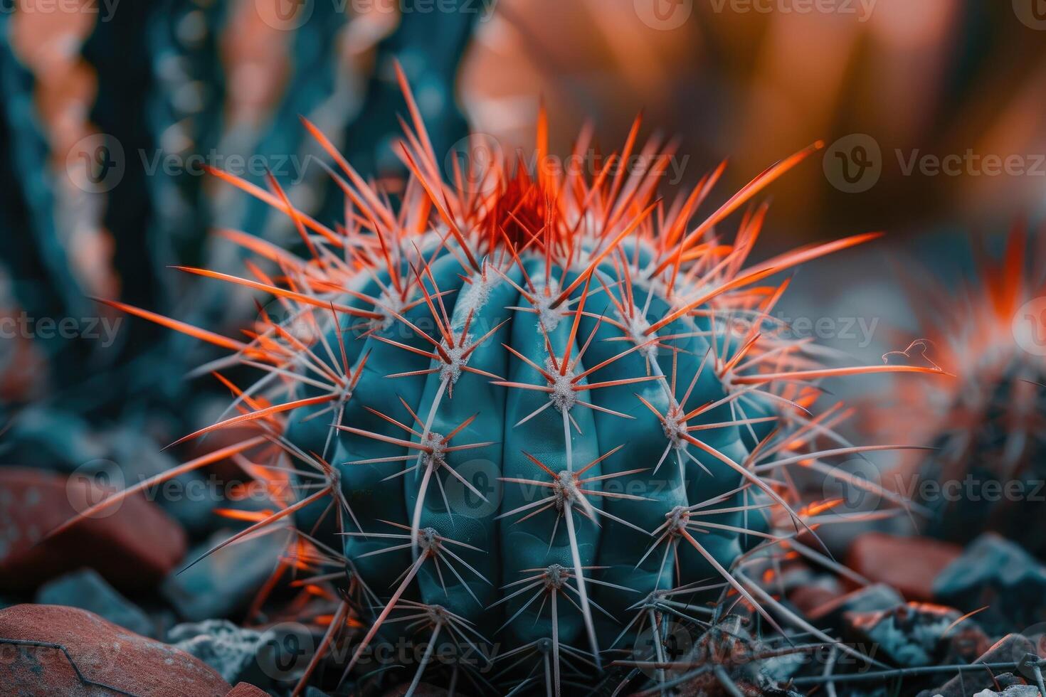 AI generated Selective focus shot of a cactus with big spikes. photo