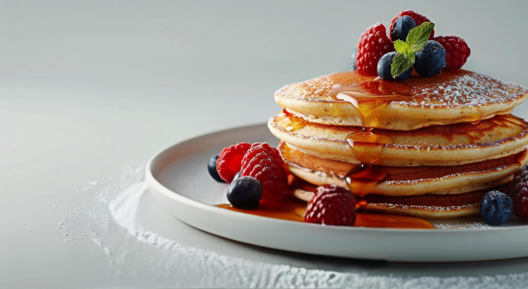 AI generated Stack of Pancakes Topped With Berries and Syrup photo