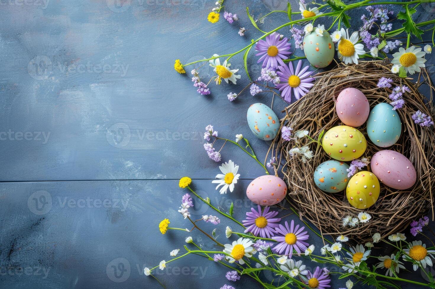 AI generated Colorful Easter eggs in nest and spring flowers on rustic table top view. Holiday card or banner. photo