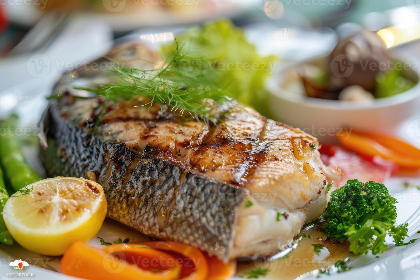 AI generated Pangasius fish steak with vegetables. photo