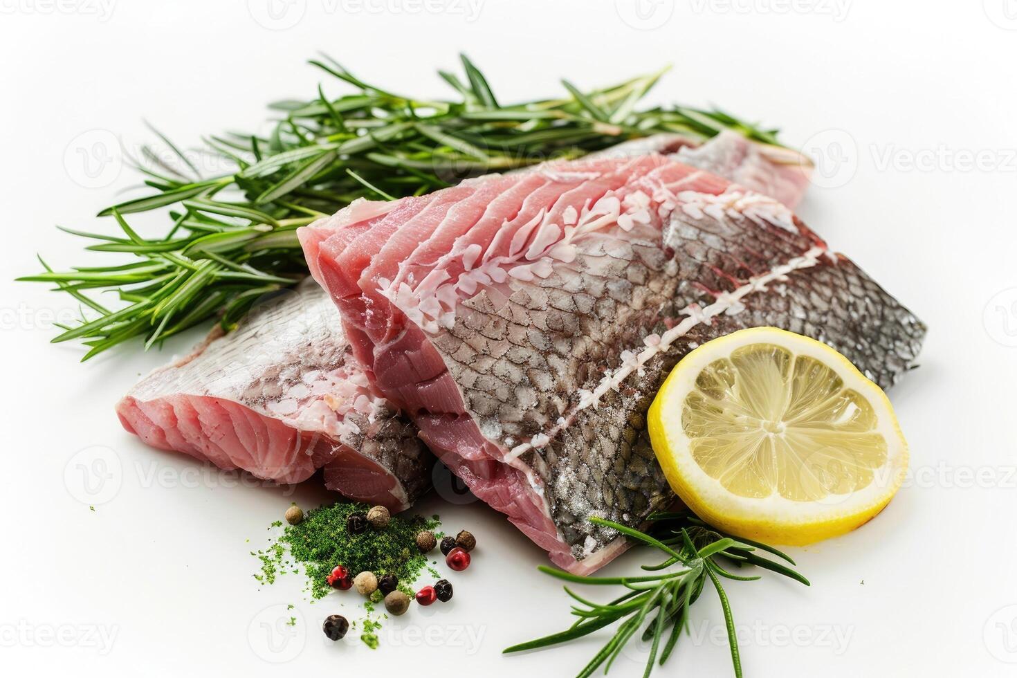 AI generated Raw pangasius fish fillet with spice photo