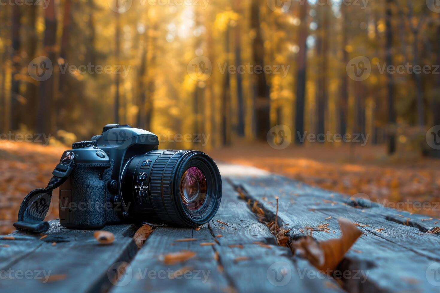 AI generated New camera and lens on wood in forest. photo