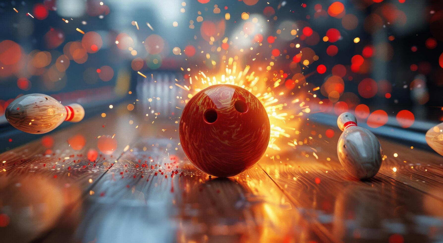 AI generated Bowling Ball Striking Bowling Pins in Bowling Alley photo