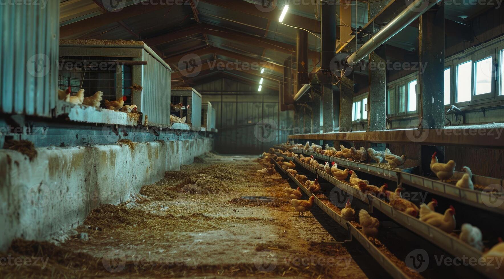 AI generated Chicken eats feed and grain at eco chicken farm photo