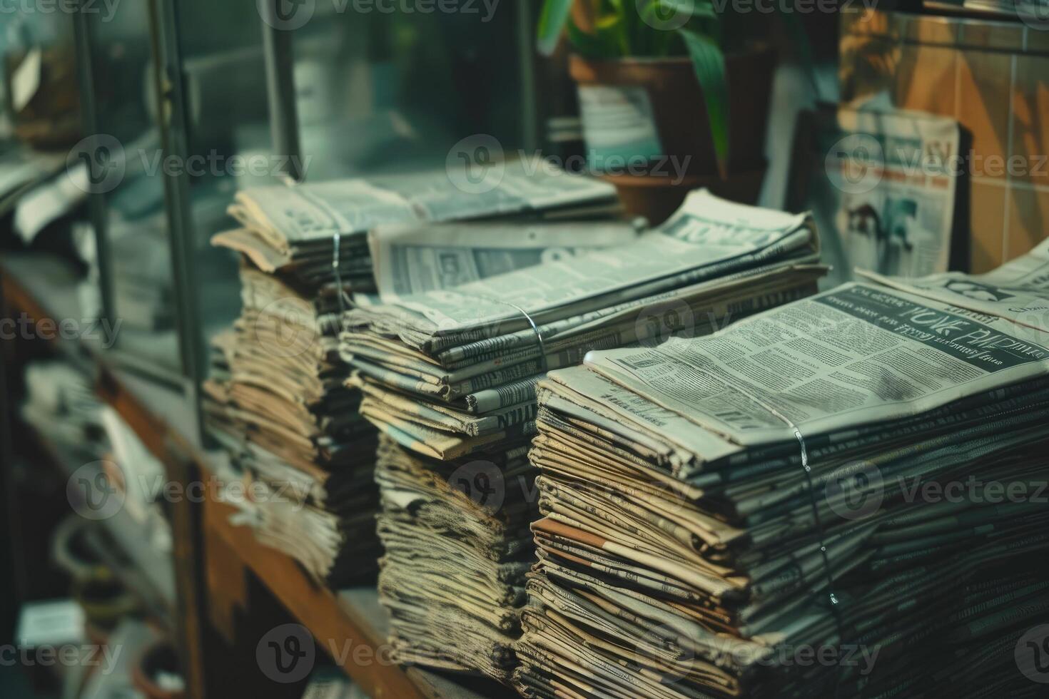 AI generated Closeup shot of several newspapers stacked on top of each other. photo