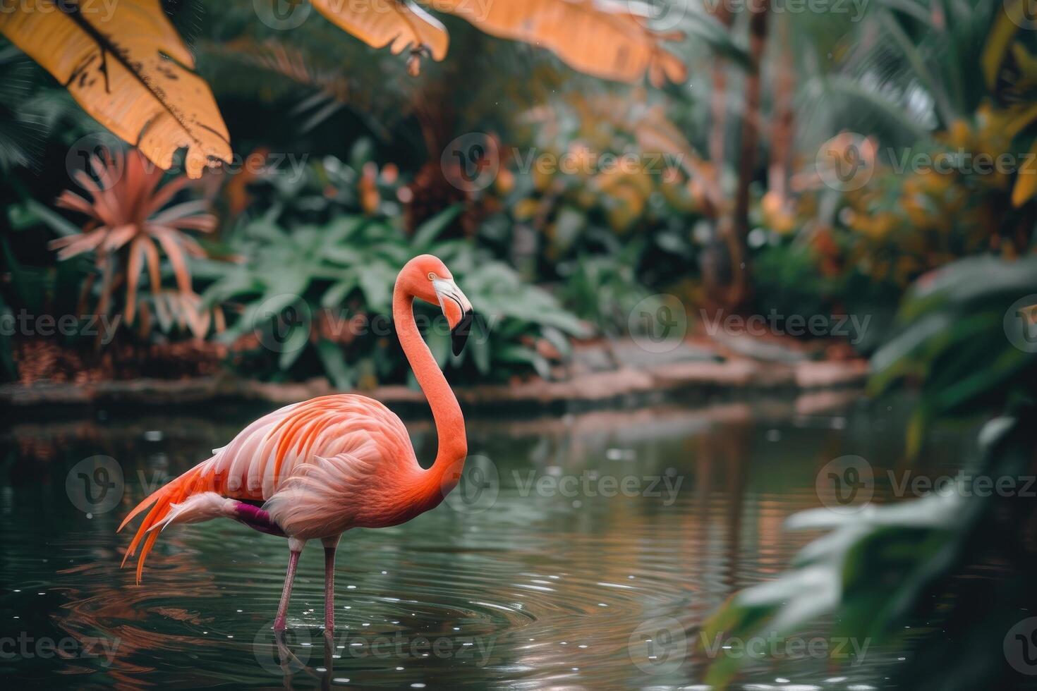 AI generated Beautiful flamingo walking in the water. photo