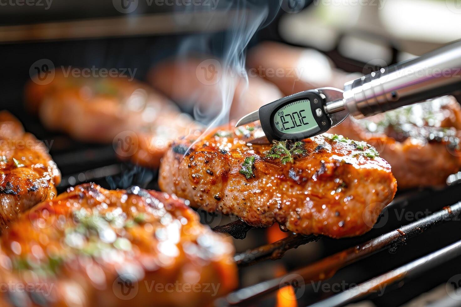AI generated Checking for safe food temperature with digital instant thermometer. Kitchen meat thermometer against pork steaks on a grill. photo