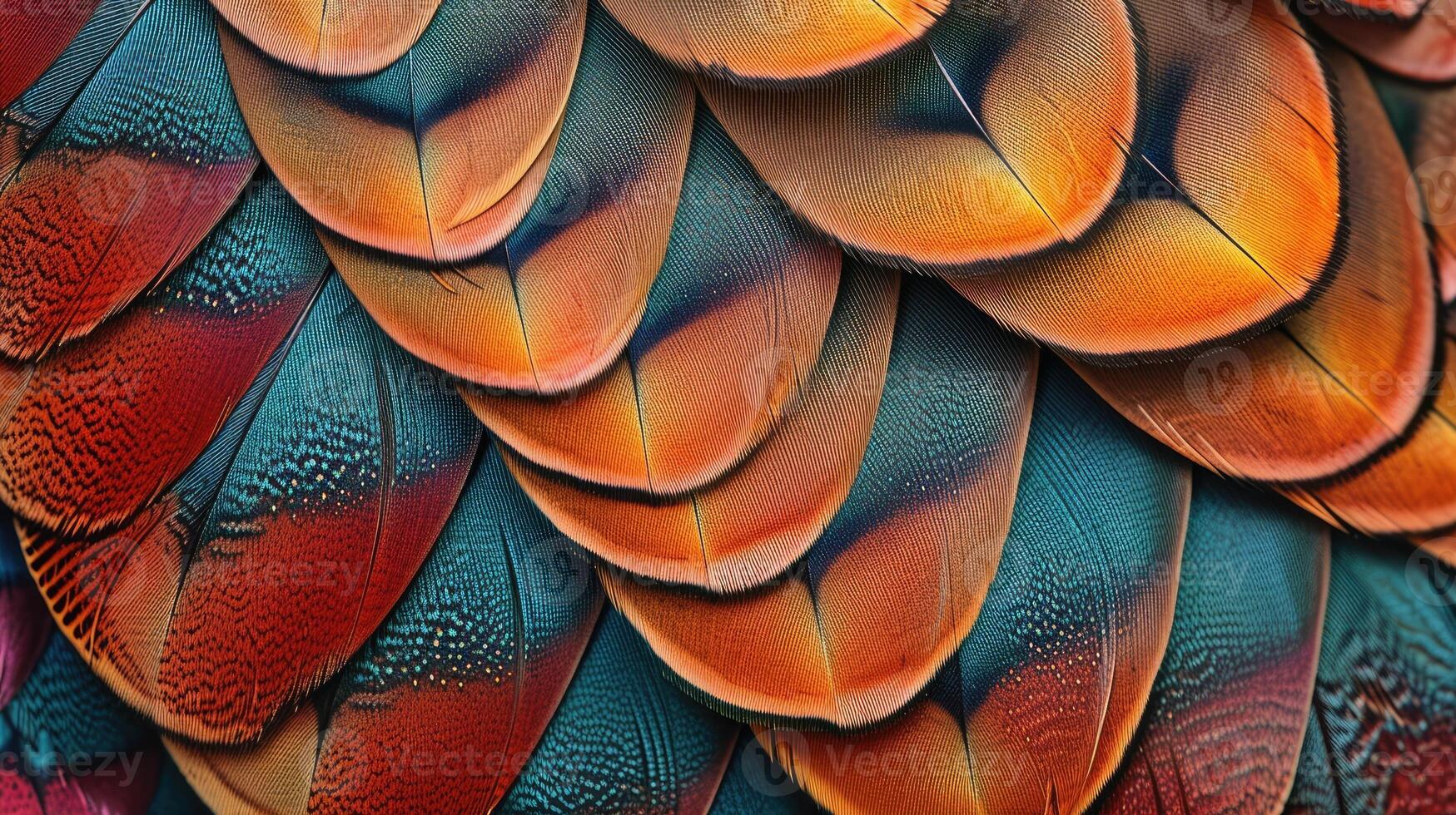 AI generated Closeup abstract background image of colorful ring-necked pheasant feathers. photo