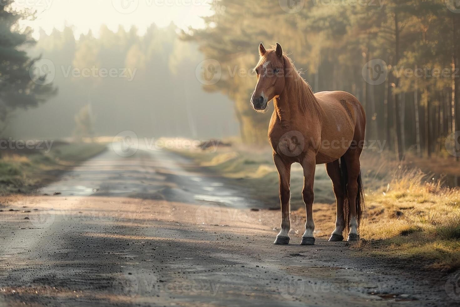 AI generated Horse standing on the road near forest at early morning or evening time. Road hazards, wildlife and transport. photo