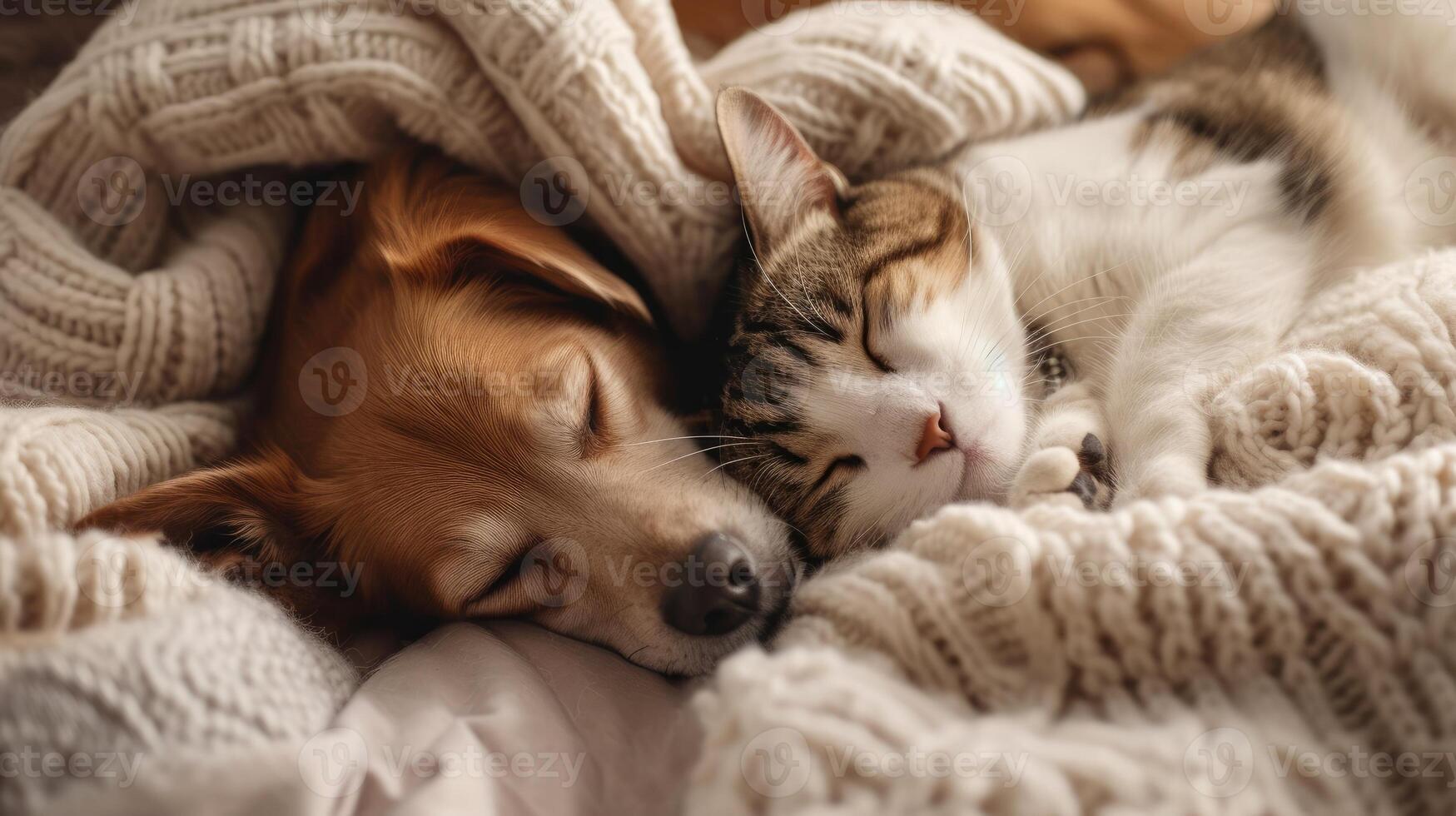 AI generated Cute dog and cat sleeping together in bed under blanket. Friendship of cute pets concept. photo