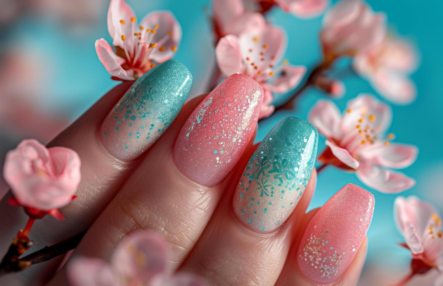 AI generated Womans Hand With Pink and Blue Nail Polish photo