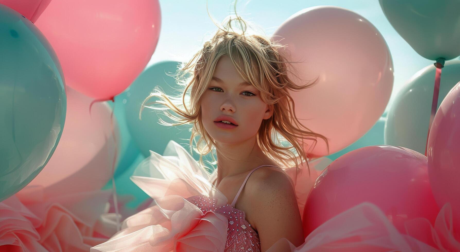AI generated Girl in Pink Dress Surrounded by Balloons photo