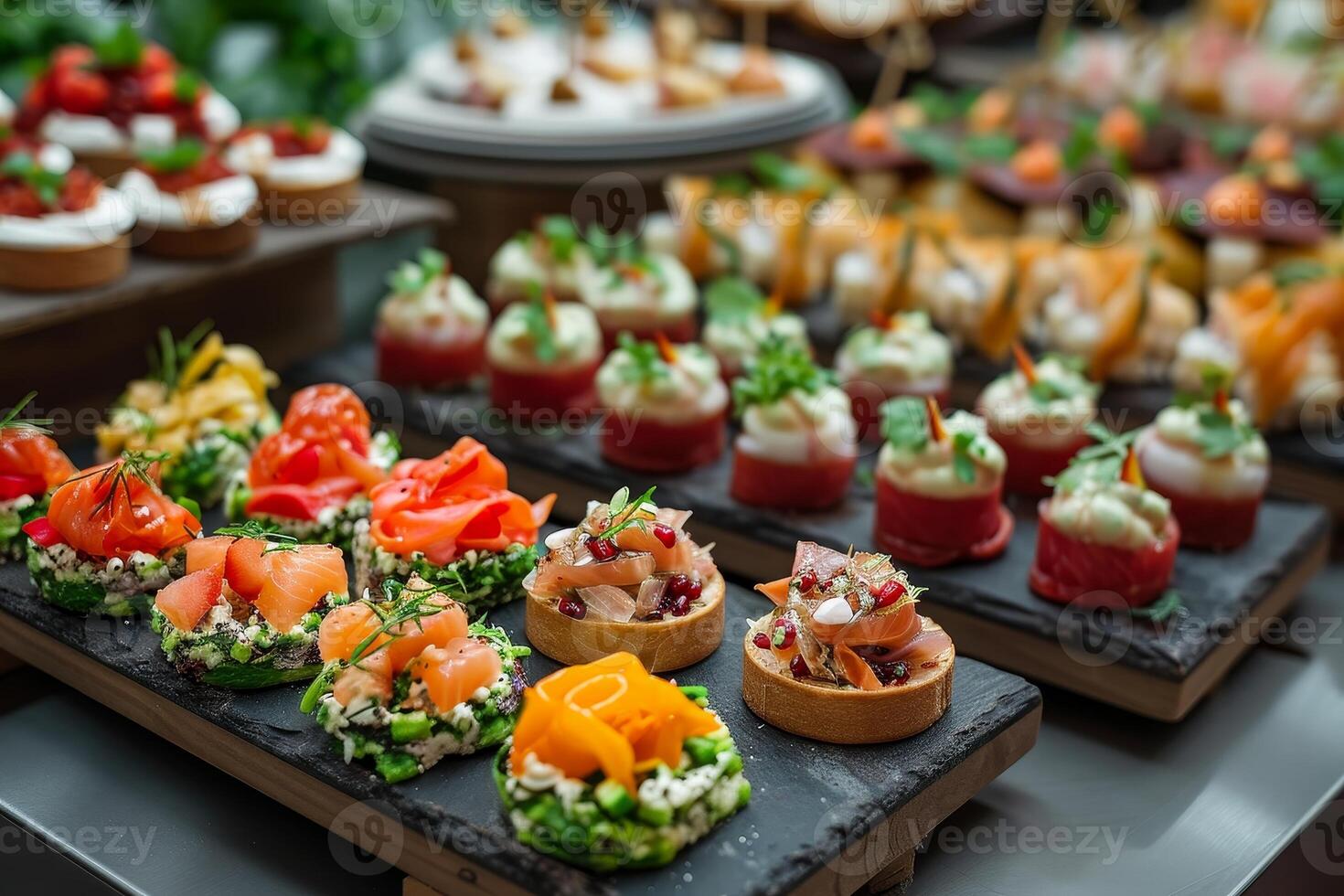 ai generado buffet surtido de canapés. delicioso aperitivos, abastecimiento comida foto