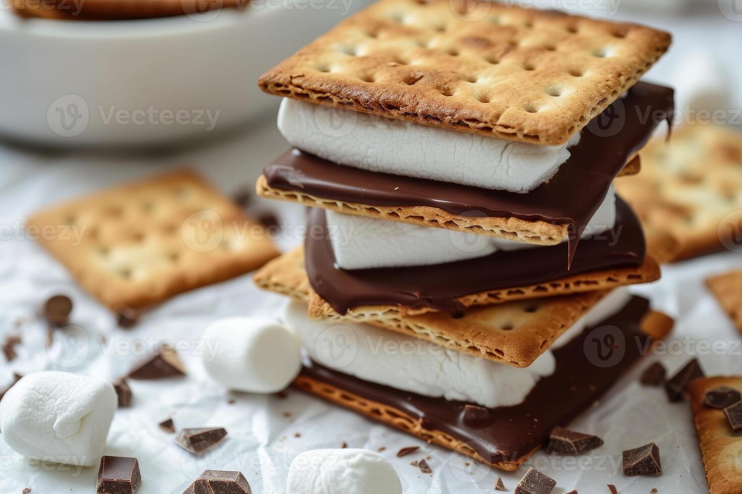 AI generated Homemade marshmallow s'mores with chocolate on crackers. photo