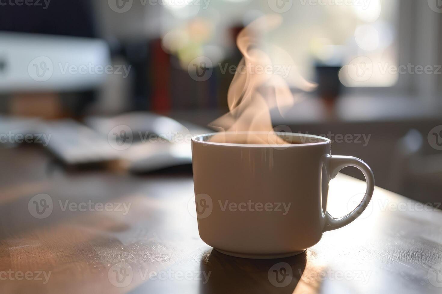 AI generated Cup of steaming coffee on a table photo