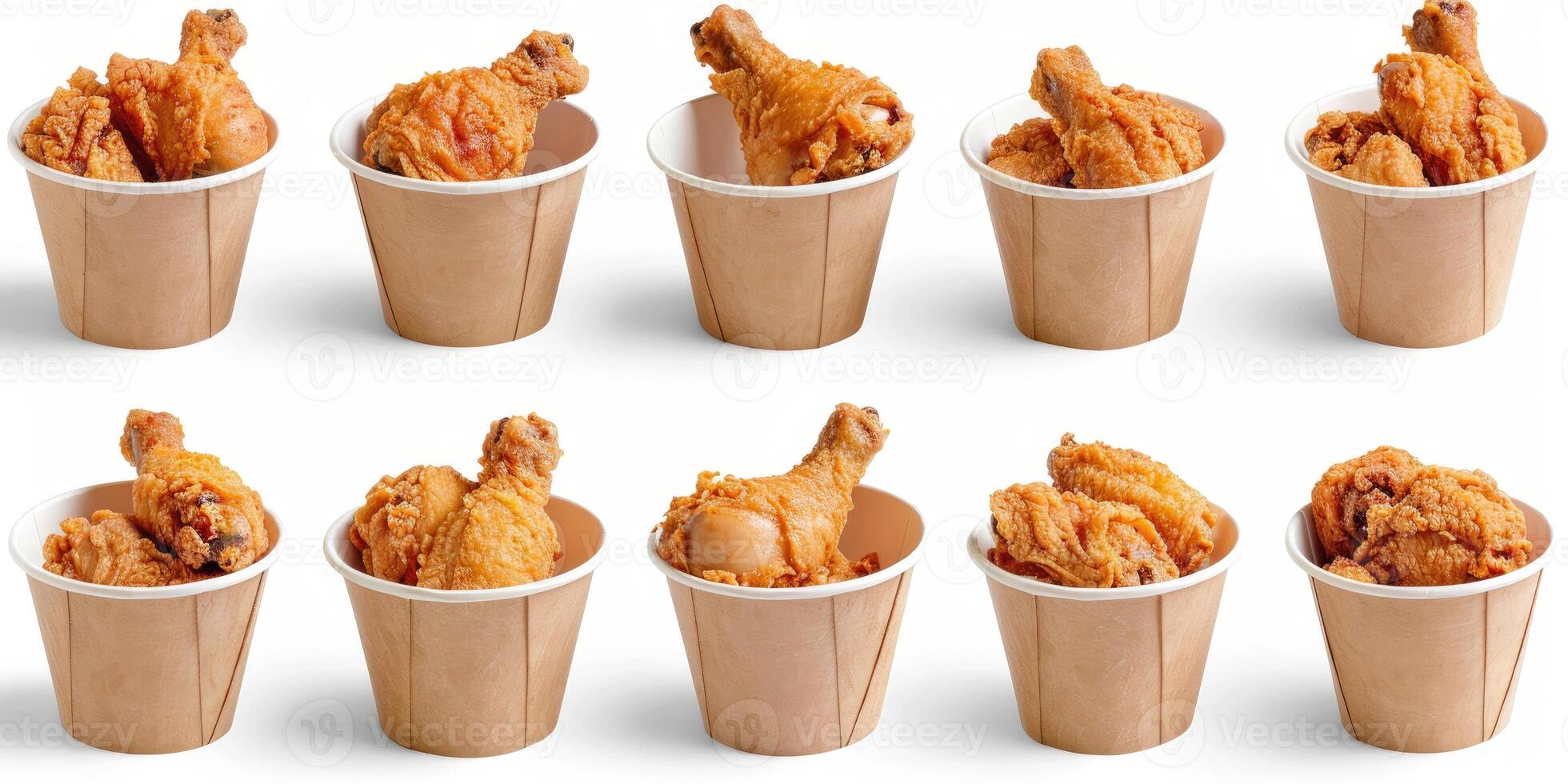 AI generated Collection of golden brown and crispy roasted Fried chicken served on a brown paper bucket isoalted on white background. photo