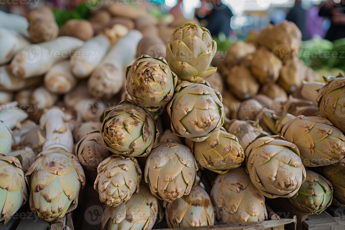 AI generated Stack of artichokes on a market stall. photo