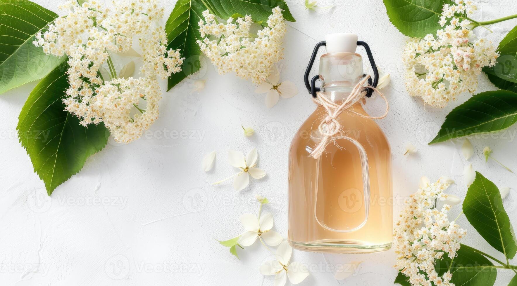 AI generated Elderflower syrup in a glass bottle without label top view on white background. photo