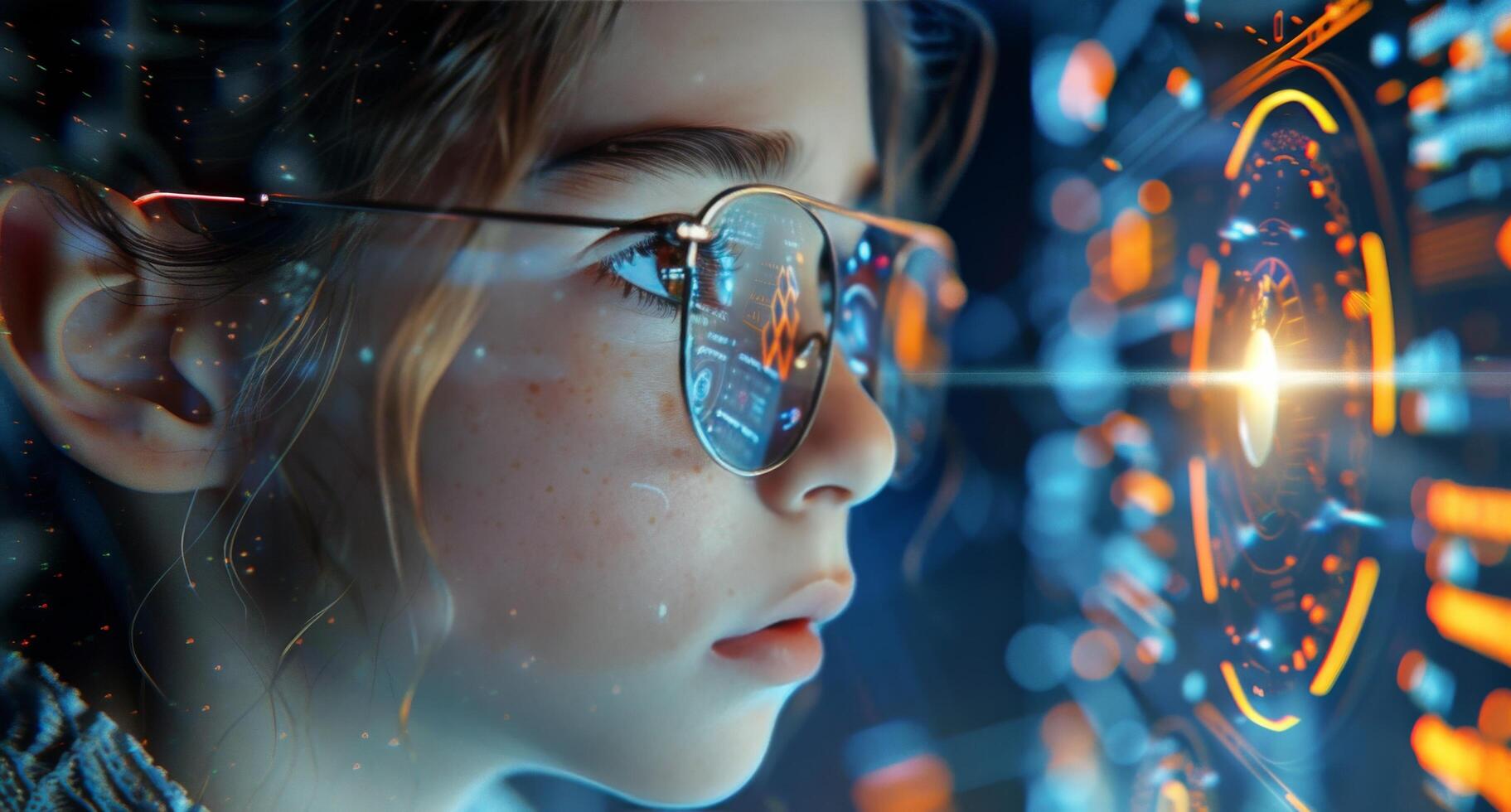 AI generated Woman Looking at Computer Screen With Glowing Lights photo