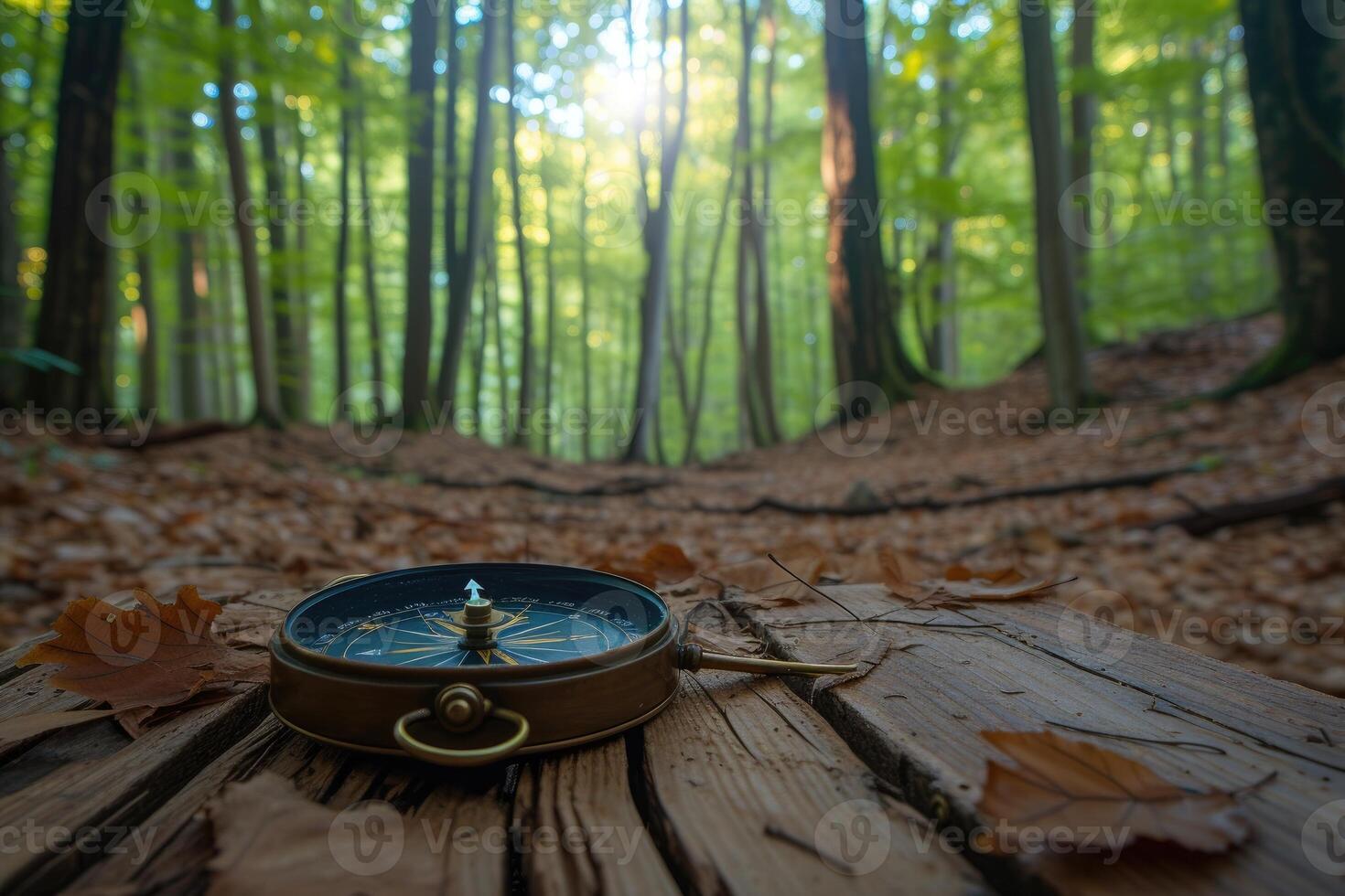 AI generated Vintage compass on the log in forest, warm sun light photo