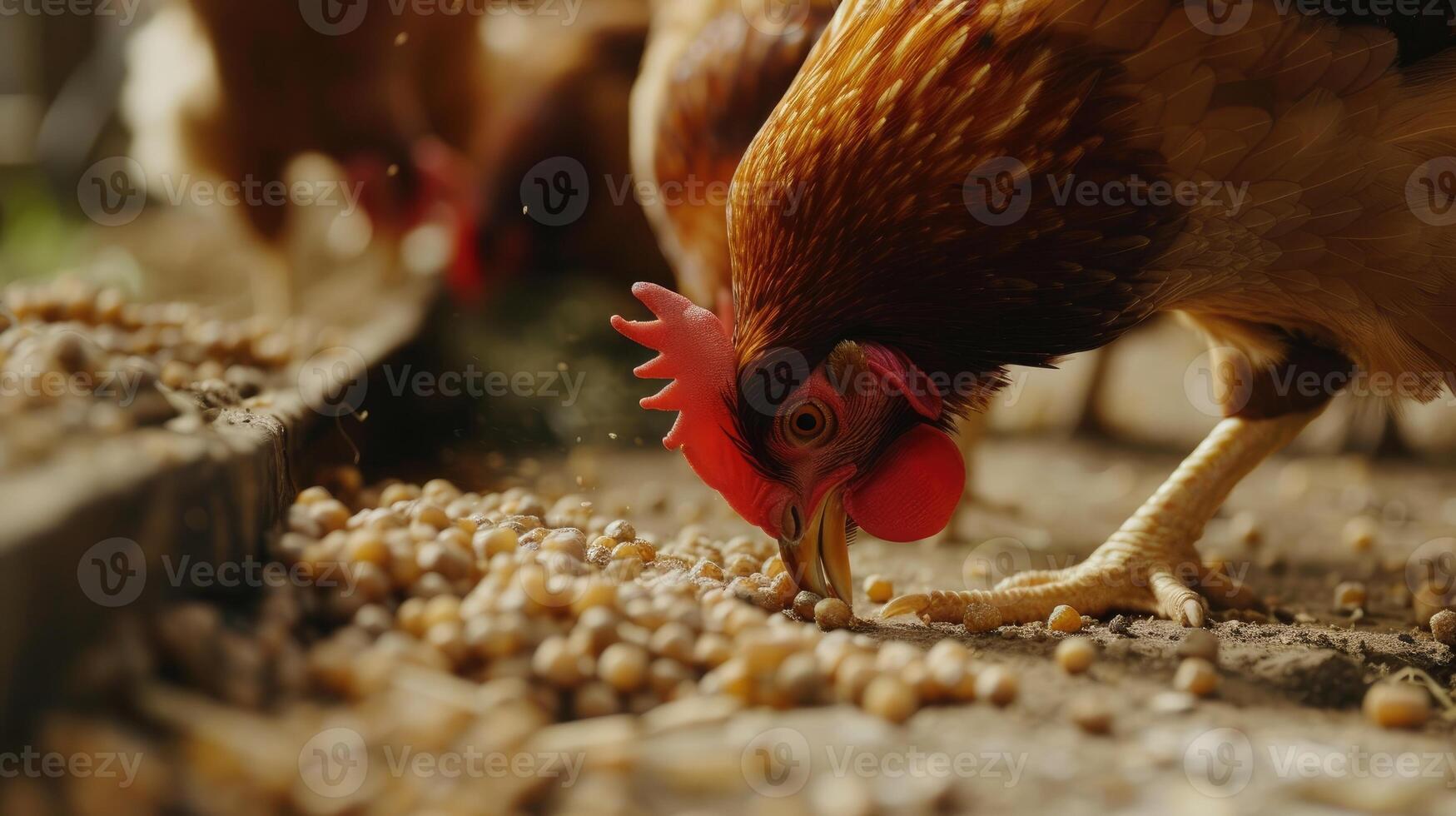 AI generated Chicken eats feed and grain at eco chicken farm, free range chicken farm. photo