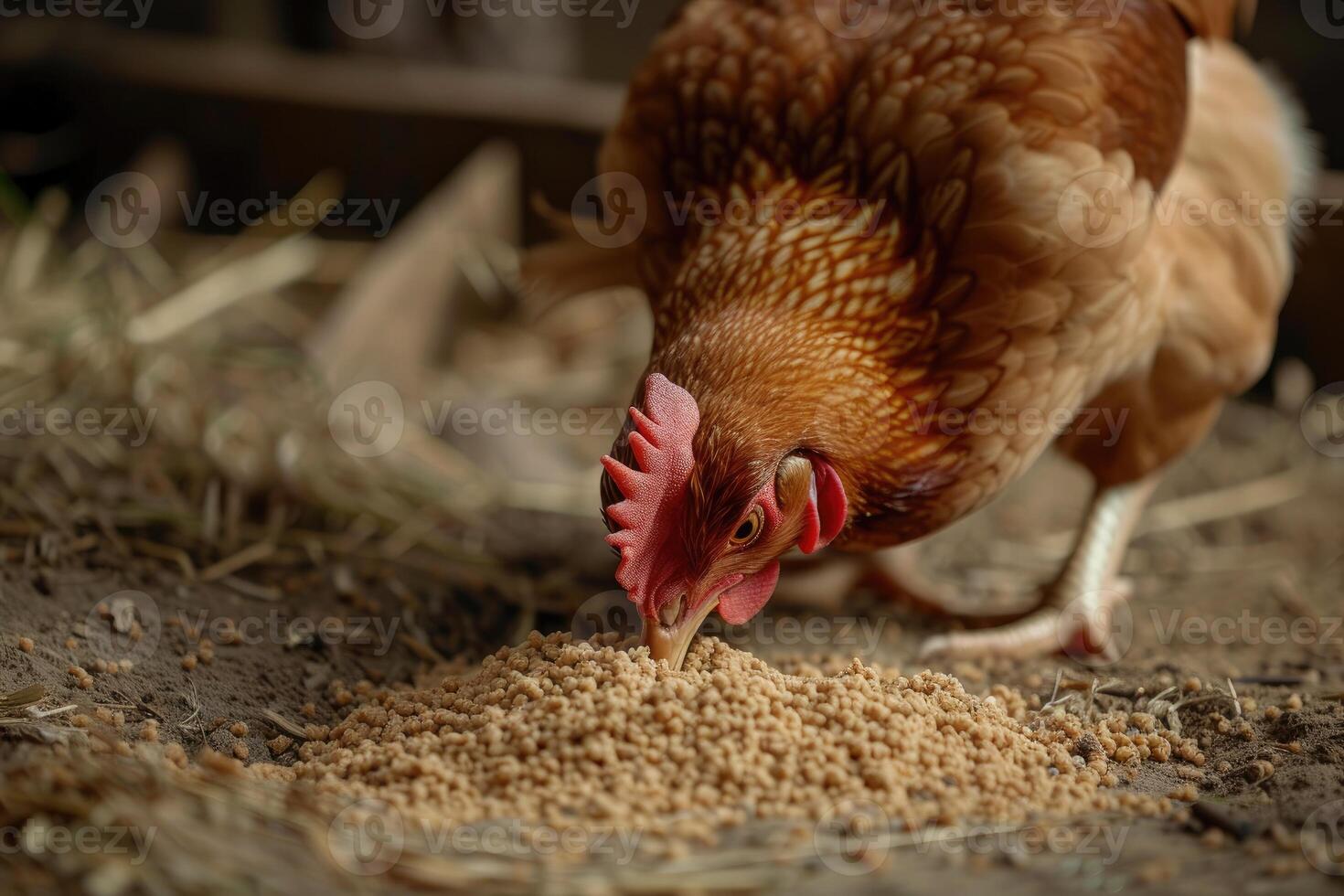 AI generated Chicken eats feed and grain at eco chicken farm, free range chicken farm. photo