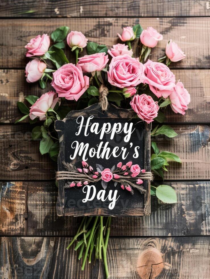 AI generated Happy Mother's day with pink roses over rustic wood background photo